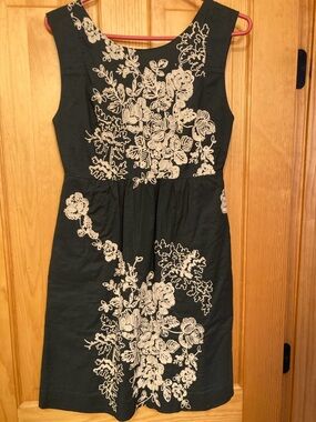 J. Crew Dark Green Midi Dress with Cream Floral Embroidery